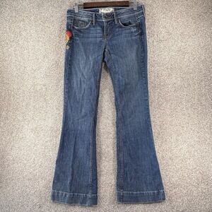 Y2K Fragile Flare Bell Bottom Jeans Embroidered Flowers *stains* Low Rise‎ Sz 3